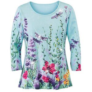 New XXL White Sparkling Sequin Floral Dragonflies Garden 3/4 Sleeves Knit Top